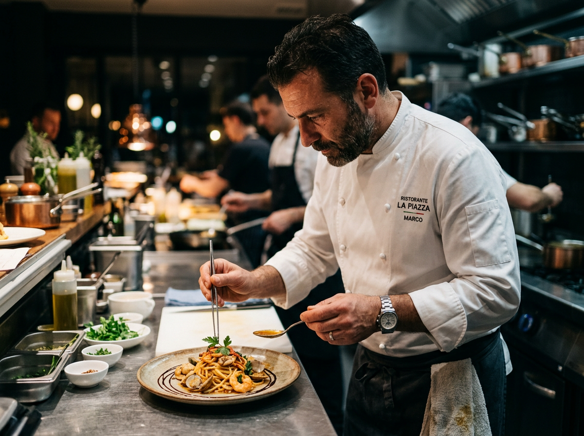 Chef Marco Bellini plating a dish